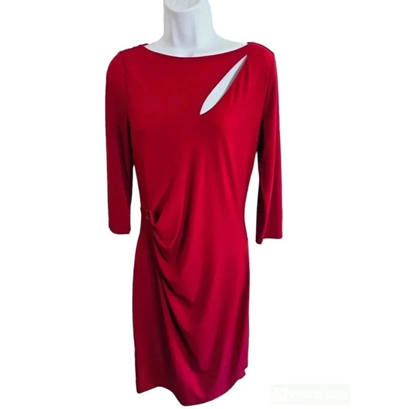 JLO Jennifer Lopez Cut Out Cocktail Faux Wrap Dress Small Red Party Date Formal - Picture 2 of 6